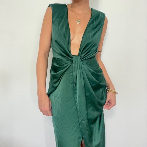 Plunging Neckline Satin Sexy Ruched Cinched Draped Tulip Open Back Midi Dress - Picture 3 of 9